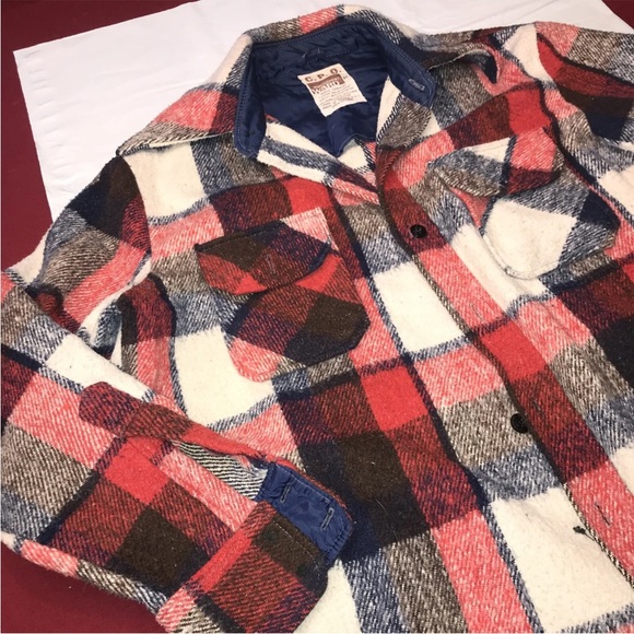 Vintage CPO red WIDE PLAID wool JACKET montgomery Ward Flannel anchor buttons M - Picture 3 of 10